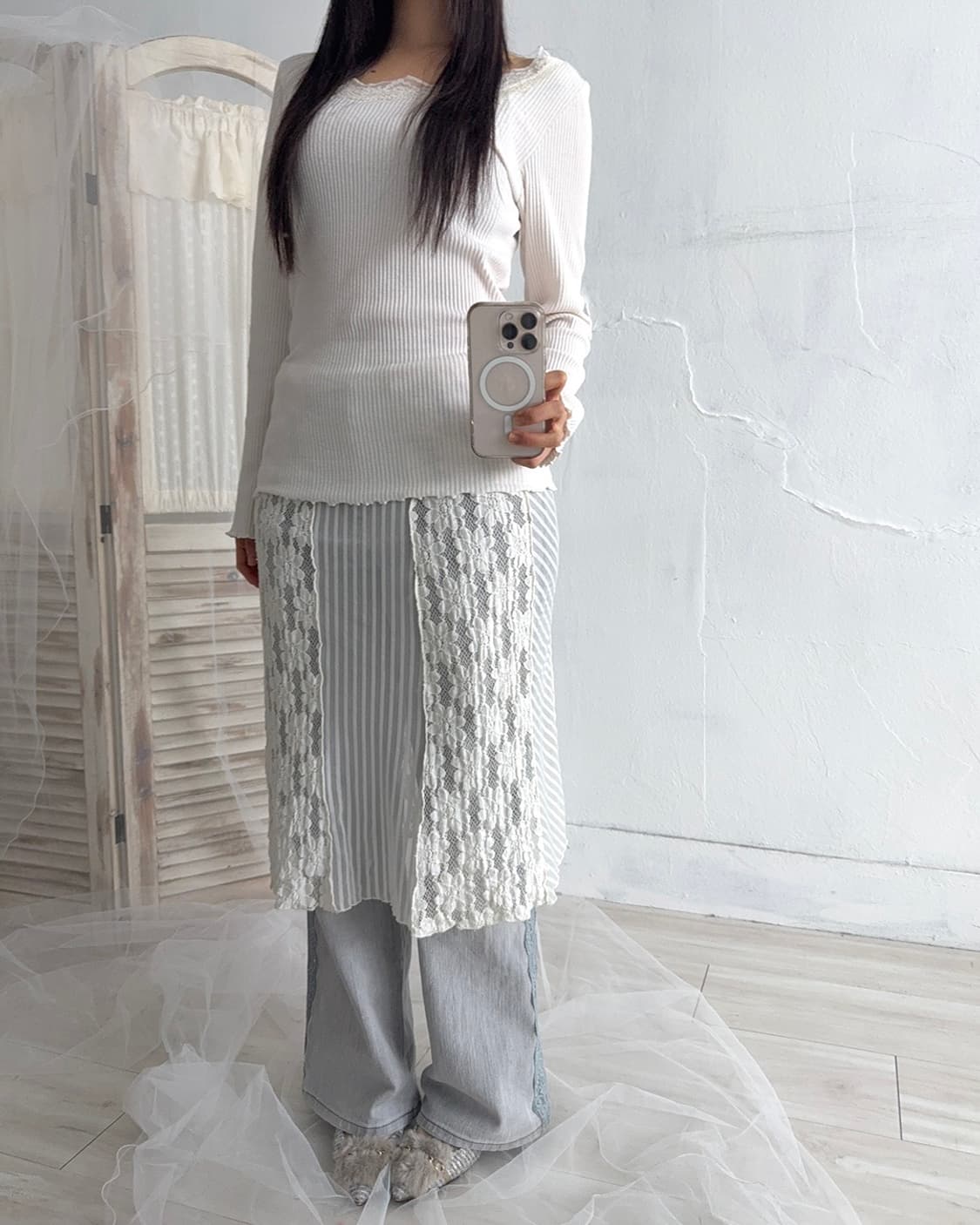 Ivory Lace Layering Midi Skirt 상품이미지3