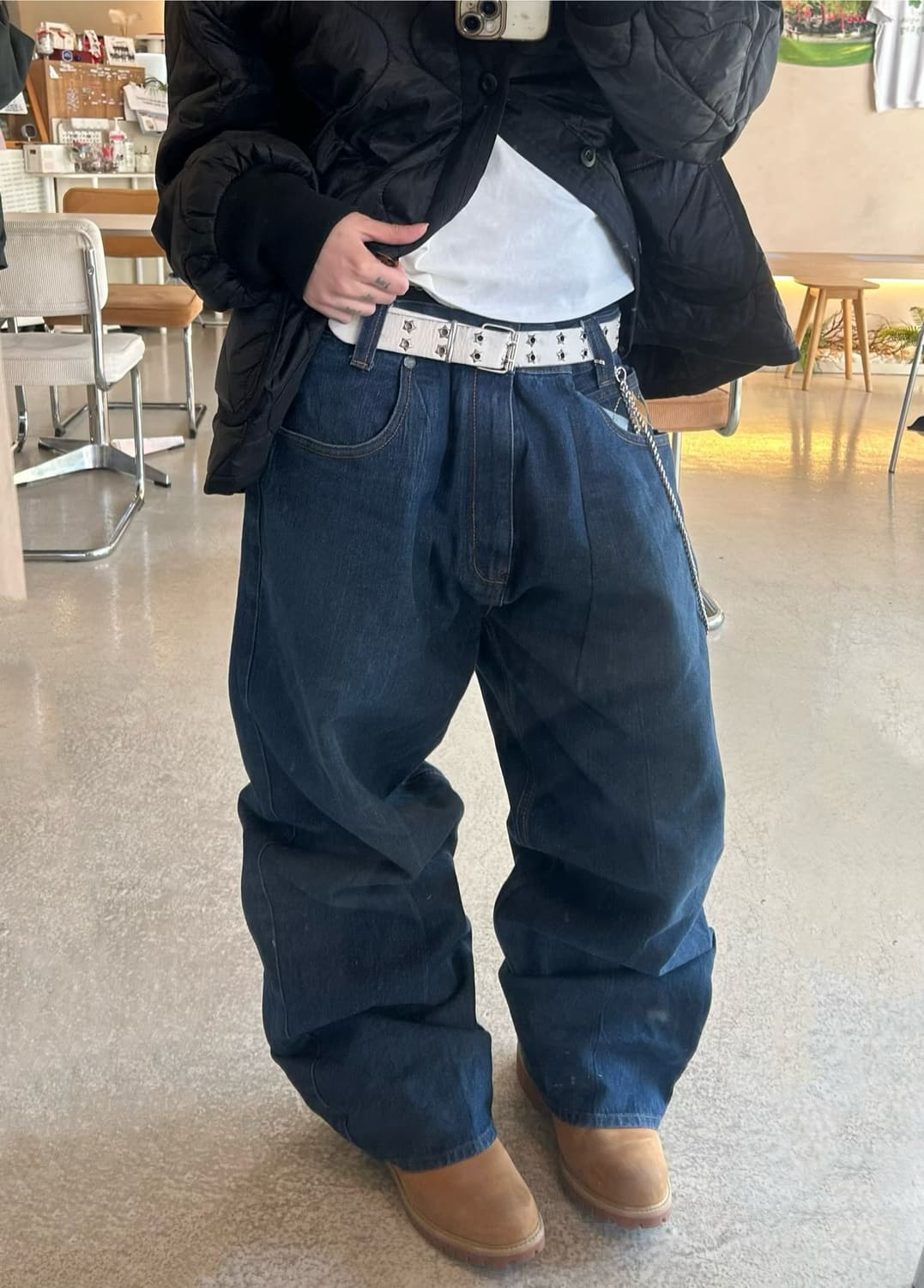 90s 올드스쿨 아가일 자수 데님 와이드팬츠 상품이미지4