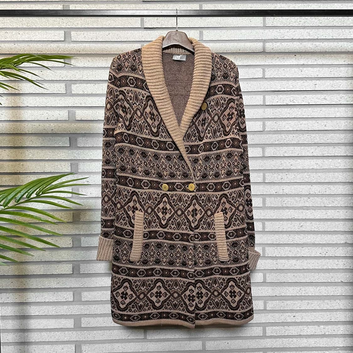 ITALY VINTAGE 롱 울 가디건 에스닉 패턴 투포켓 디테일 브라운 상품이미지2