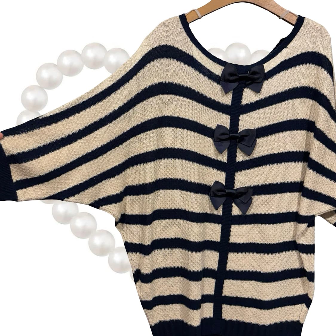 일본 빈티지 리본 포인트 크로셰 가오리핏 니트 탑 갸루 상품이미지7