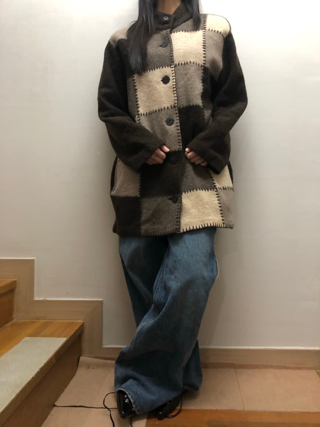 빈티지 브라운 울 패치워크 하프 코트 상품이미지3