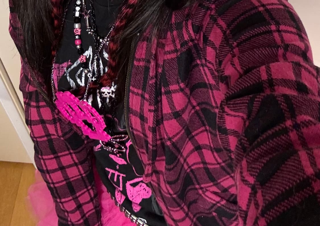 핑크 검정 체크 후드집업  상품이미지3