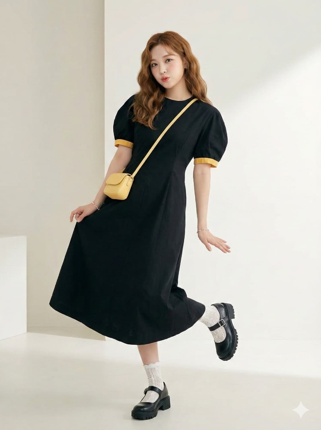 ANDYOU 앤유 블랙 퍼프 배색 롱 원피스 상품이미지1