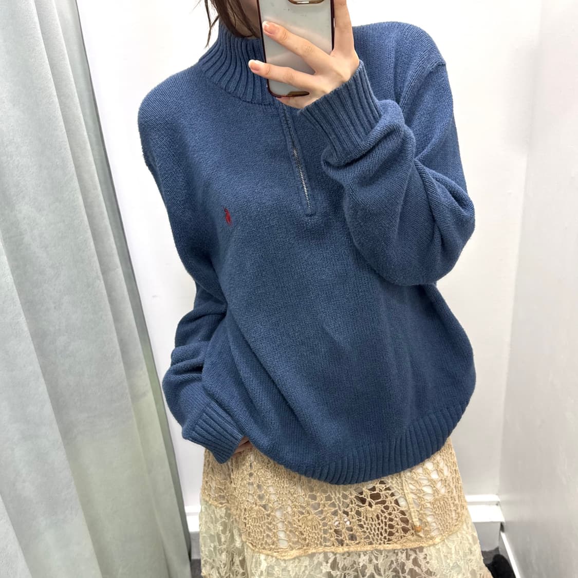 폴로 블루 코튼 반집업 니트 상품이미지2