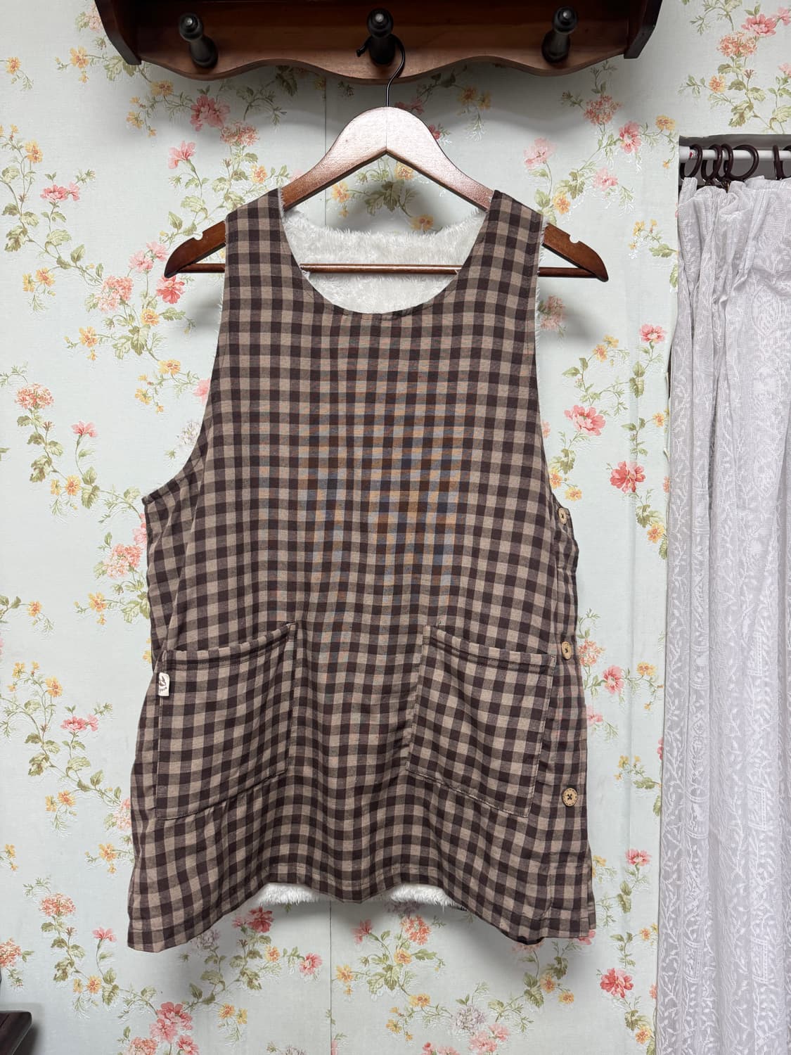 체크 단추 슬리브리스 레이어드 원피스 상품이미지1