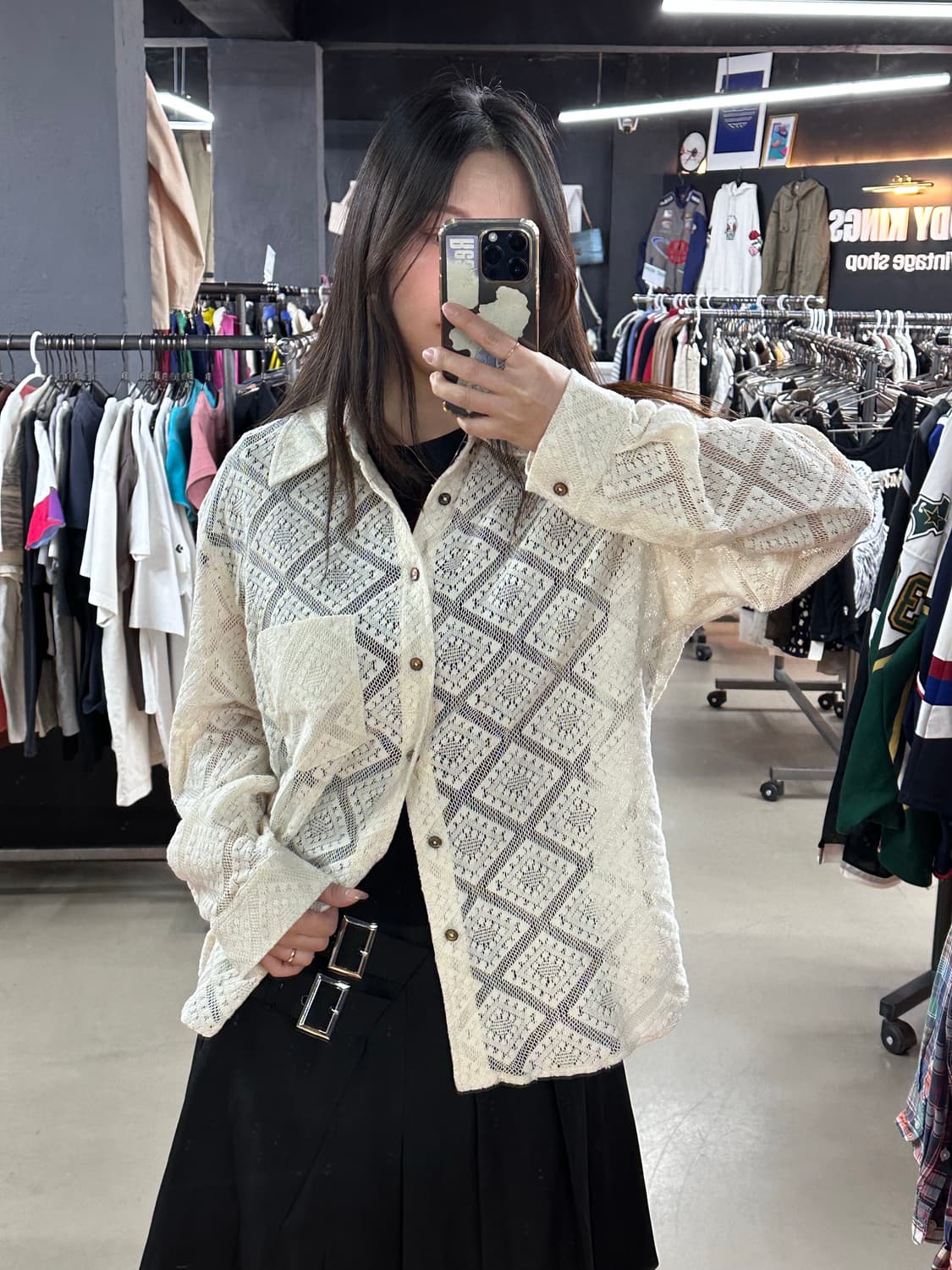 세터(SATUR)크로셰 아가일 코튼 메쉬 셔츠 상품이미지1