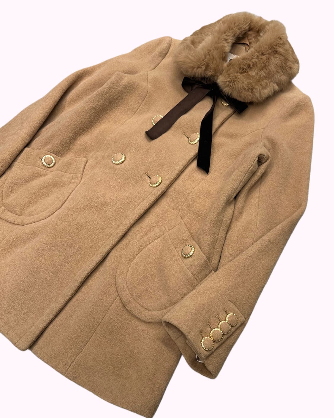 fur collar ribbon beige coat 상품이미지3