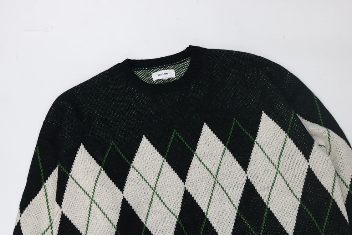 모노마트 블랙 아가일 체크 패턴 오버핏 라운드 니트 (L) 상품이미지5