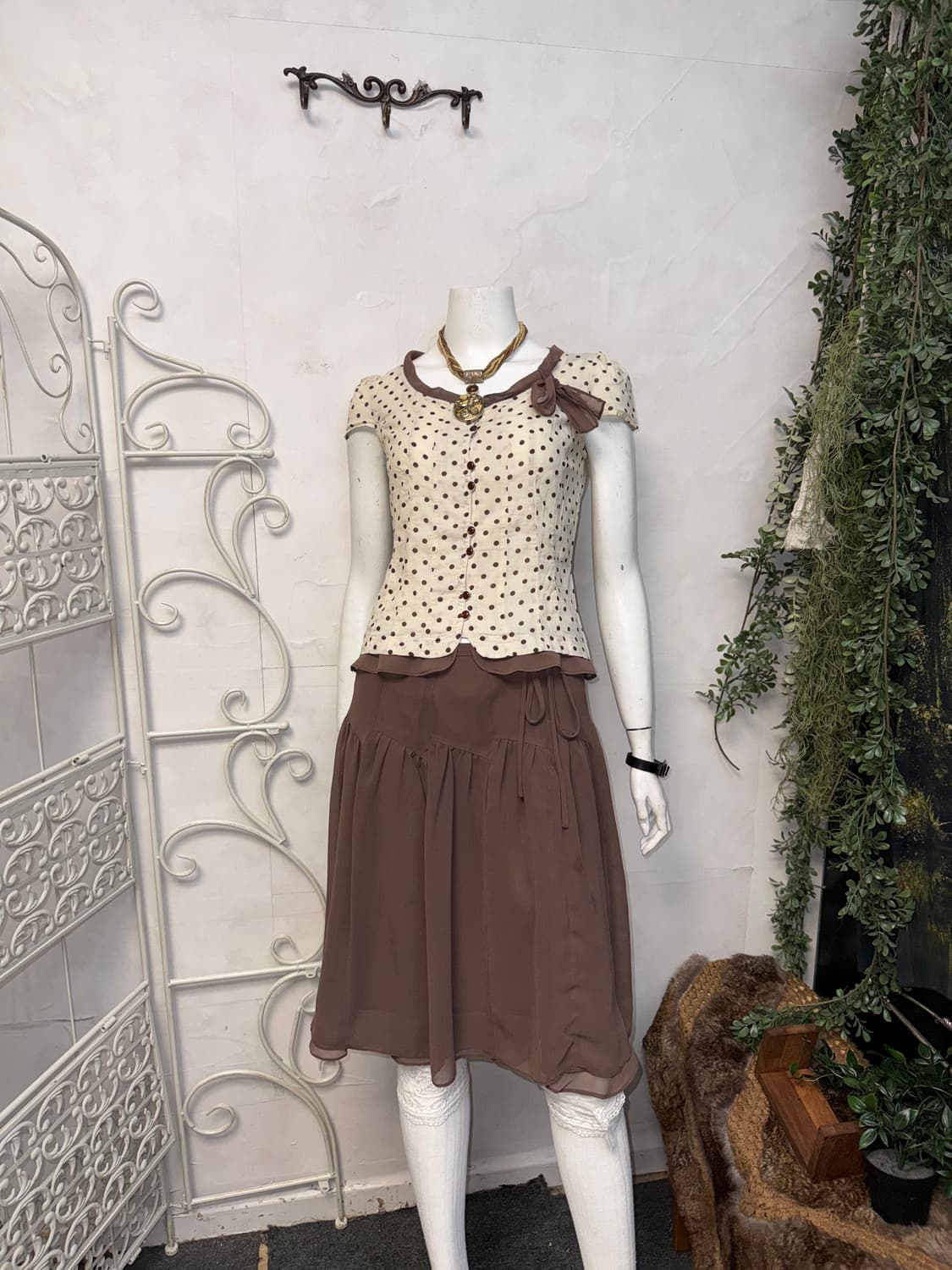 LINE brown dot ribbon sheer setup 상품이미지2