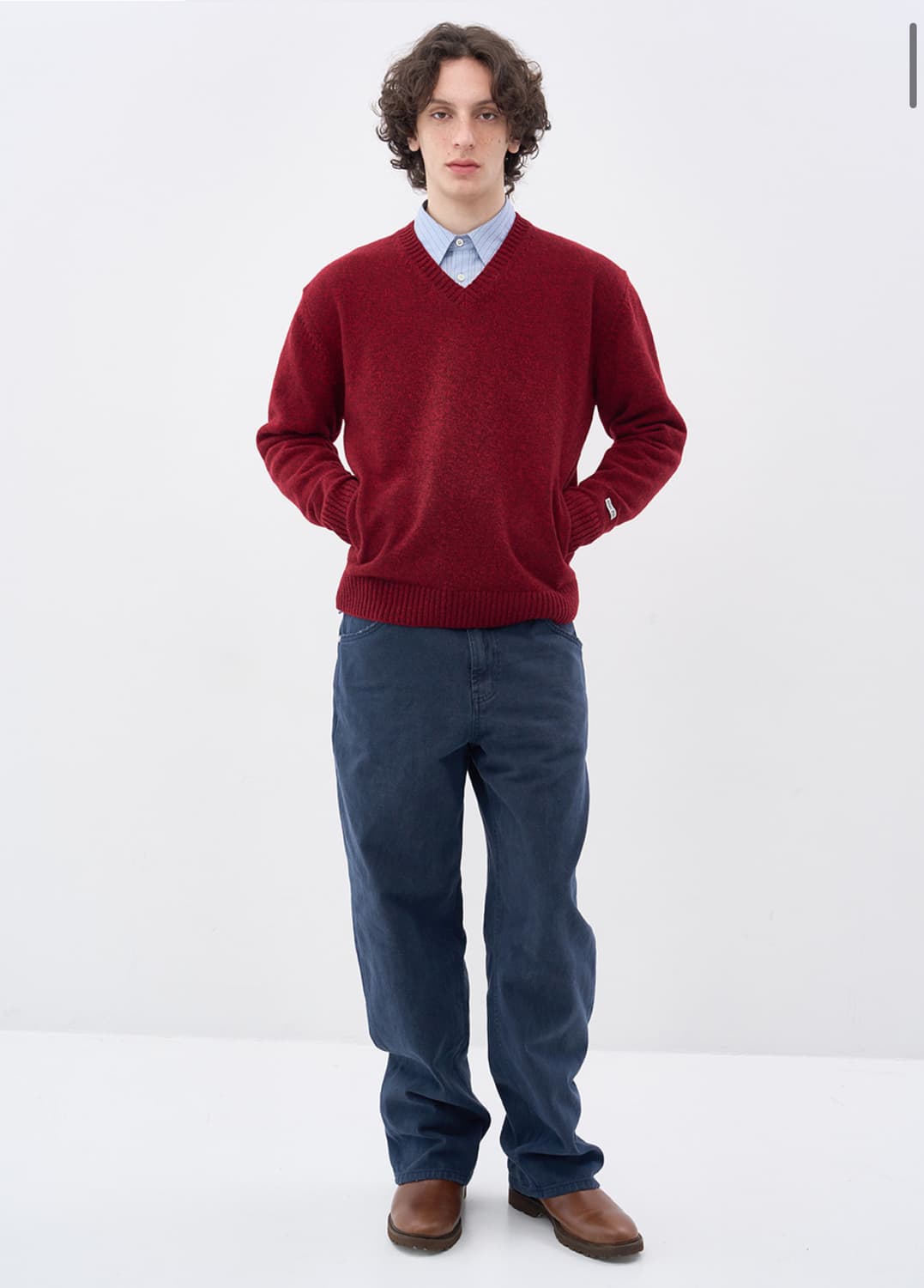 애프터프레이 인타르시아 브이넥 포켓 니트 레드 버건디 L 상품이미지2