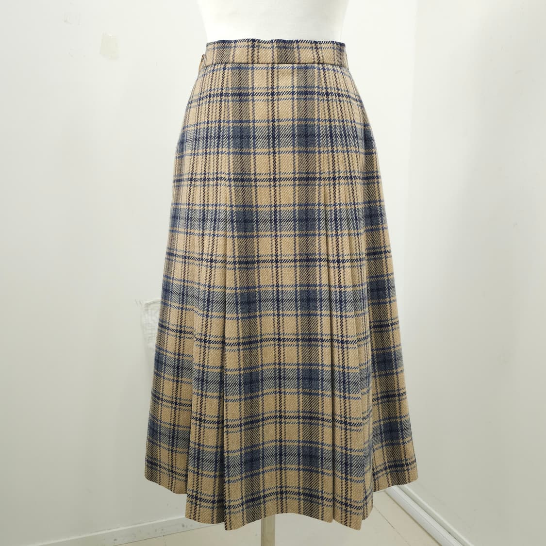 DAKS 모 혼방 체크 플리츠 베이지 미디스커트 일본빈티지 상품이미지2