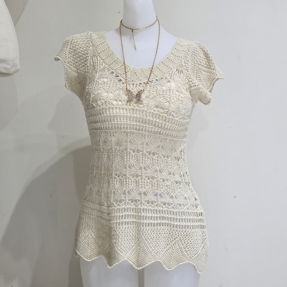빈티지)스즈코모리걸st 고전 아이보리 크로셰 뜨개 로맨틱글리터니트블라우스 상품이미지1