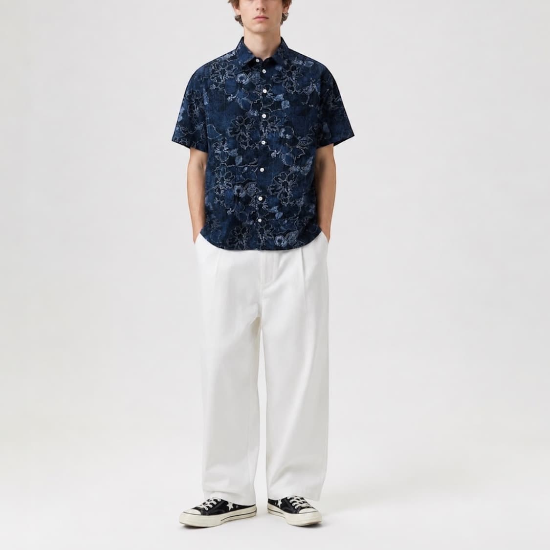 [L] Van Heusen 반휴젠 네이비 빈티지 패턴 하와이안 반팔 셔츠 상품이미지2