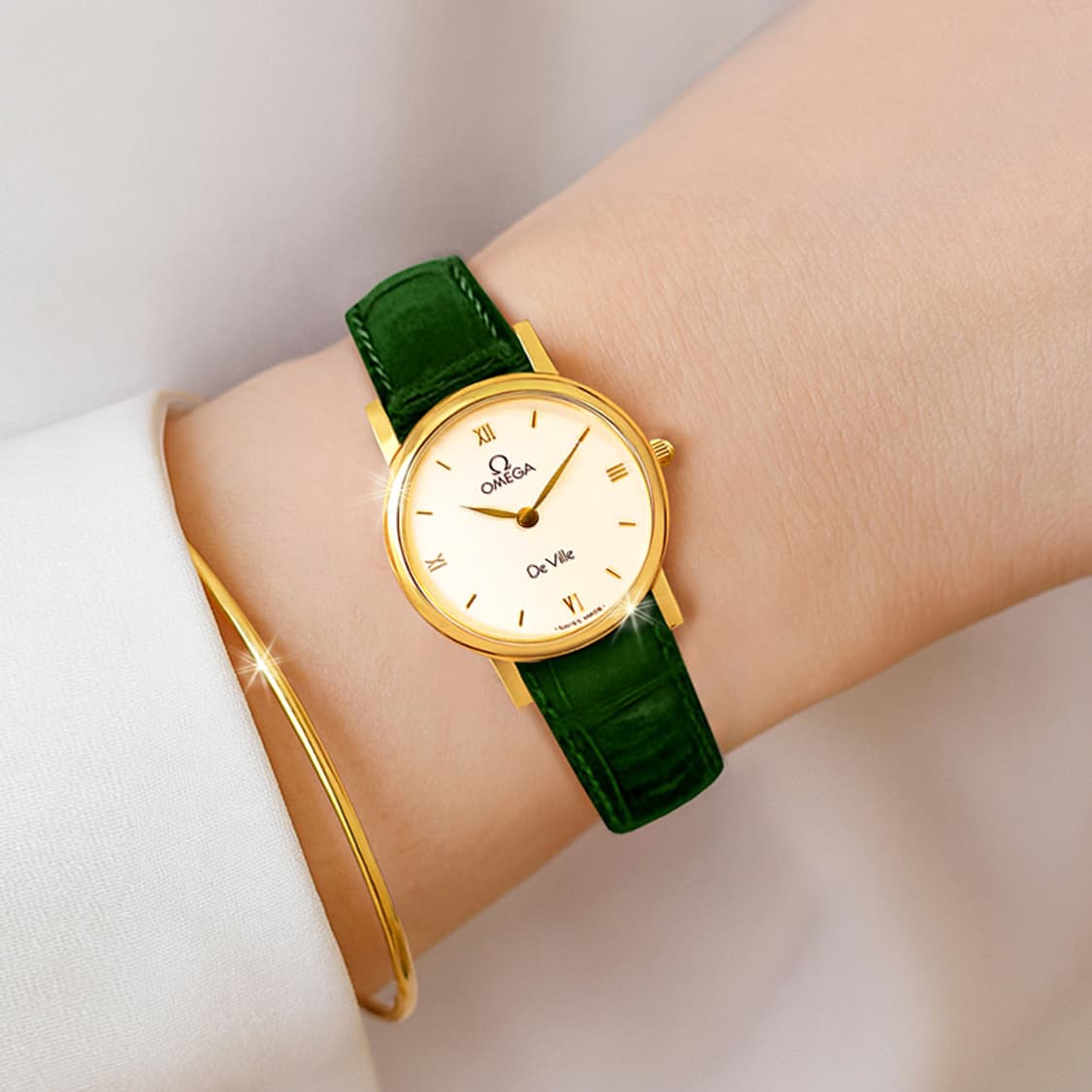 오메가 드빌 희귀 화이트 아이보리 다이얼 여성 그린 악어 가죽 시계 상품이미지9