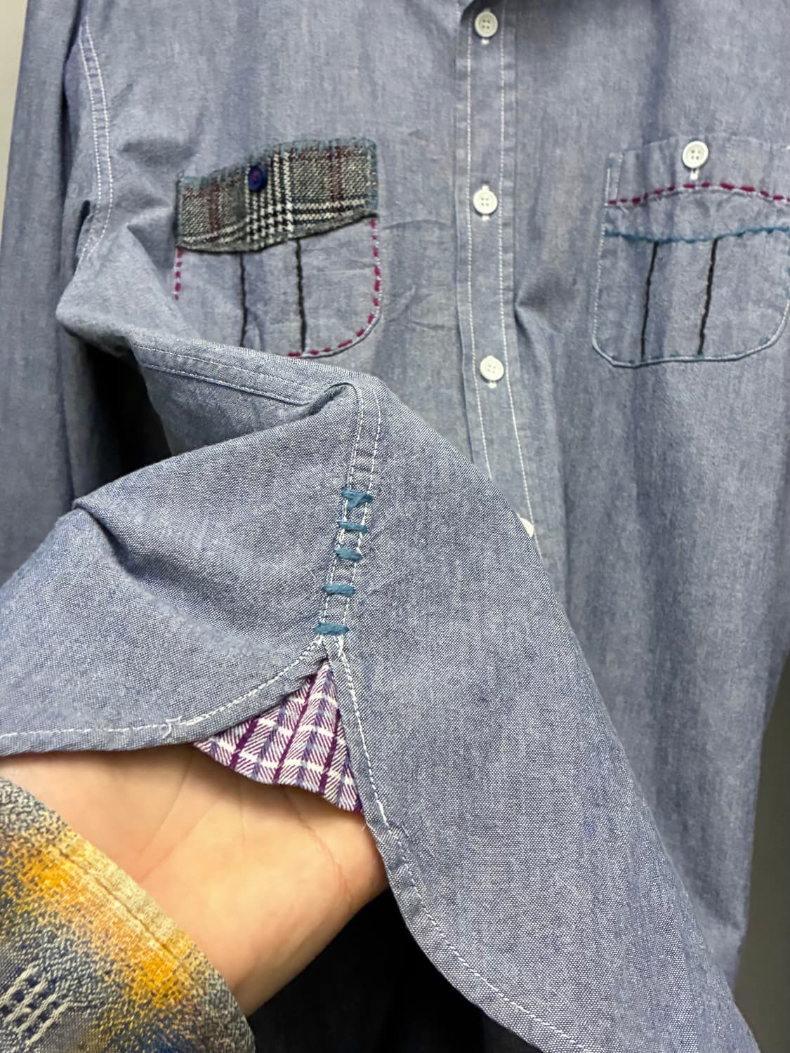 (L~XL)BOB italy 비오비 패치워크 핸드자수 샴브레이 셔츠 상품이미지6