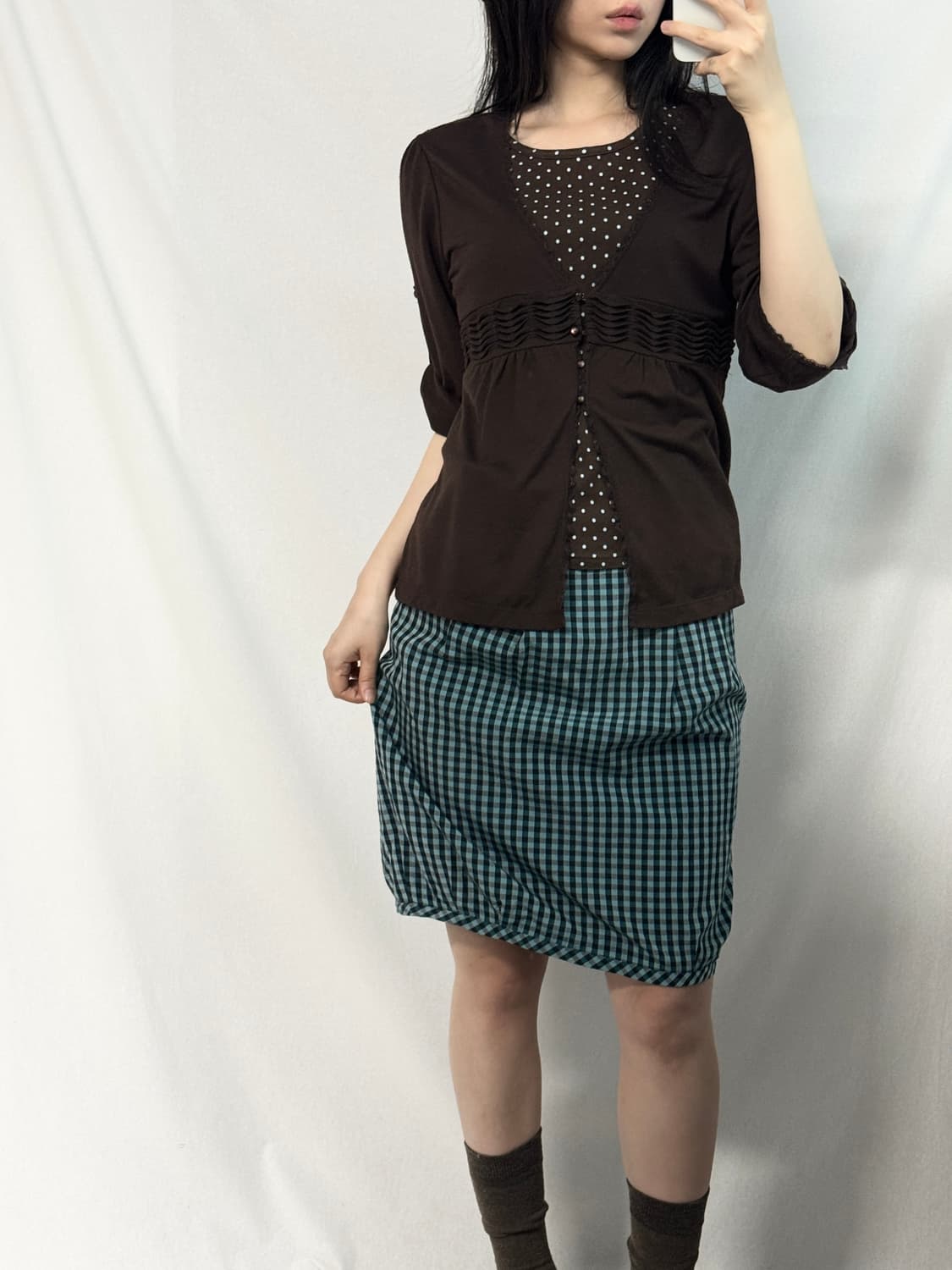 민트 브라운 체크 패턴 스커트 상품이미지3