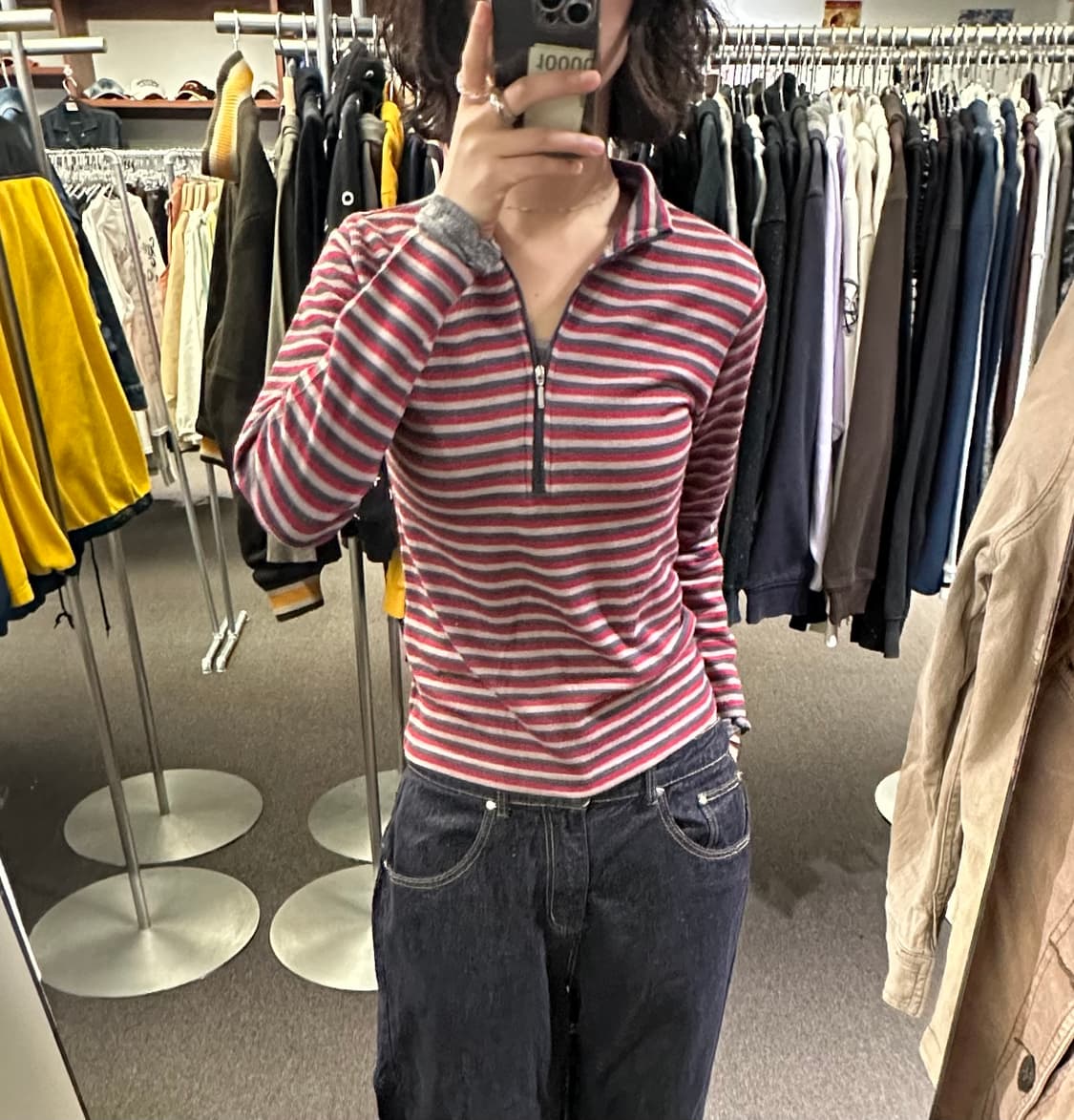 M)Japanese vintage 여성 멀티 스트라이프 하프집업 롱슬리브 상품이미지1