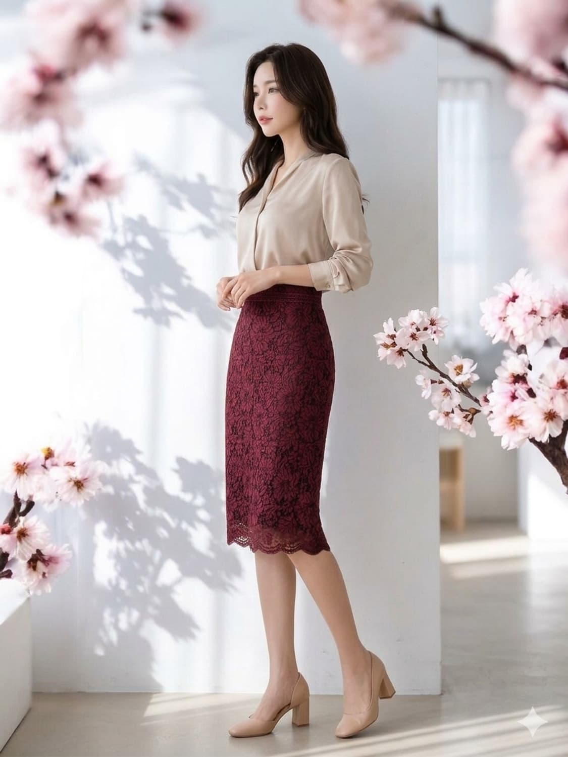 쉬즈미스 레이스 버건디 H라인 미디 스커트 66 | 상태A 상품이미지1