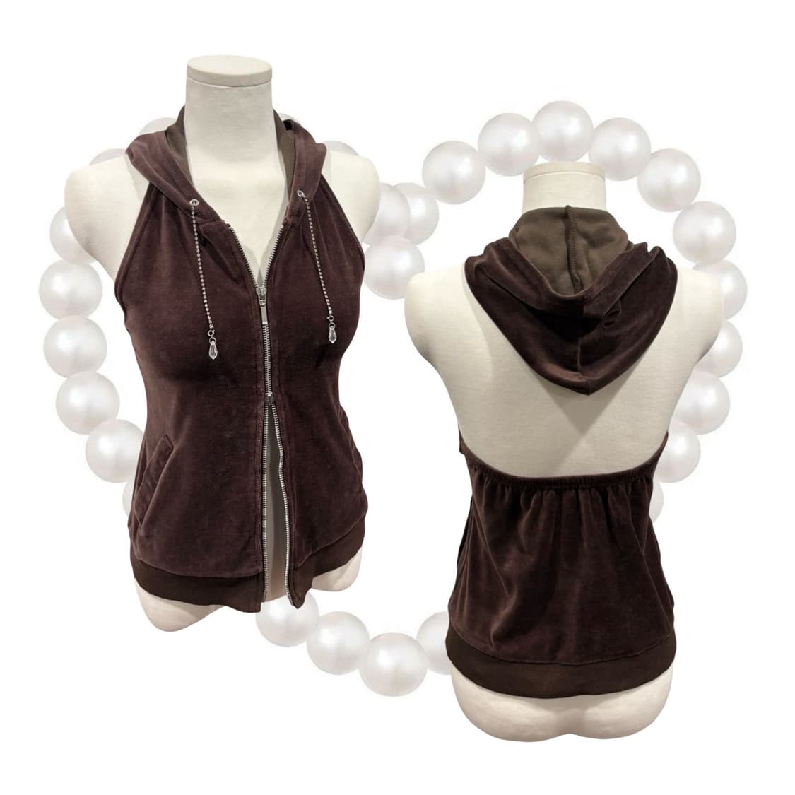 일본 빈티지 브라운 벨벳 홀터넥 슬리브리스 백리스 후드집업 갸루 y2k 상품이미지1