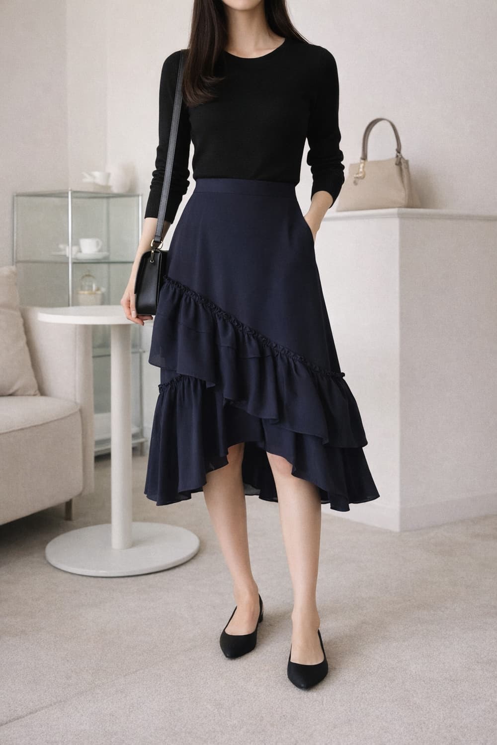 클럽모나코 언발 러플 스커트 네이비 55 | 세련된 A라인 상품이미지10