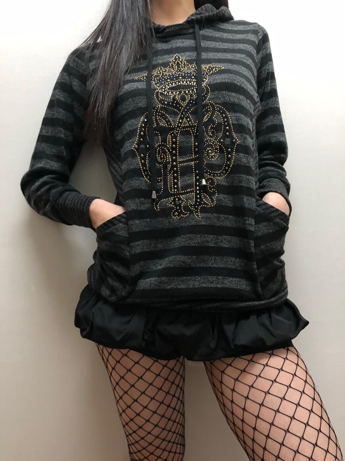 빈티지 블랙 펑크 스트라이프 후디 상품이미지7