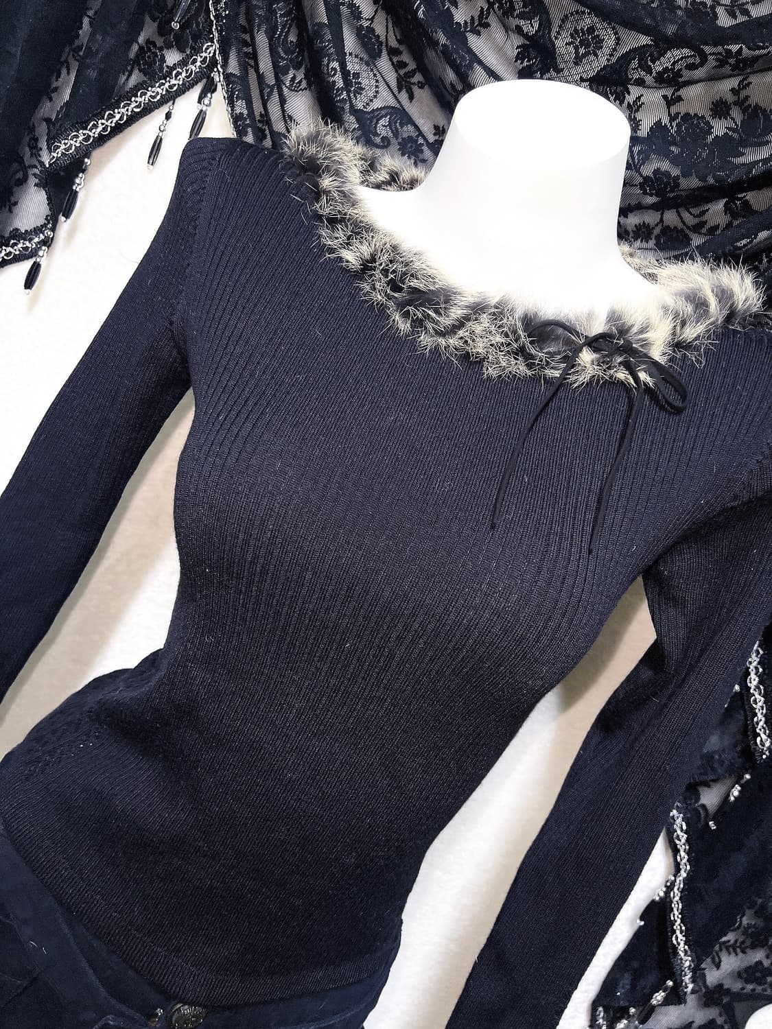 래빗퍼트리밍 오네갸루 펑크 y2k 00 와투케 섹시 골지 니트 긴팔탑 상품이미지1