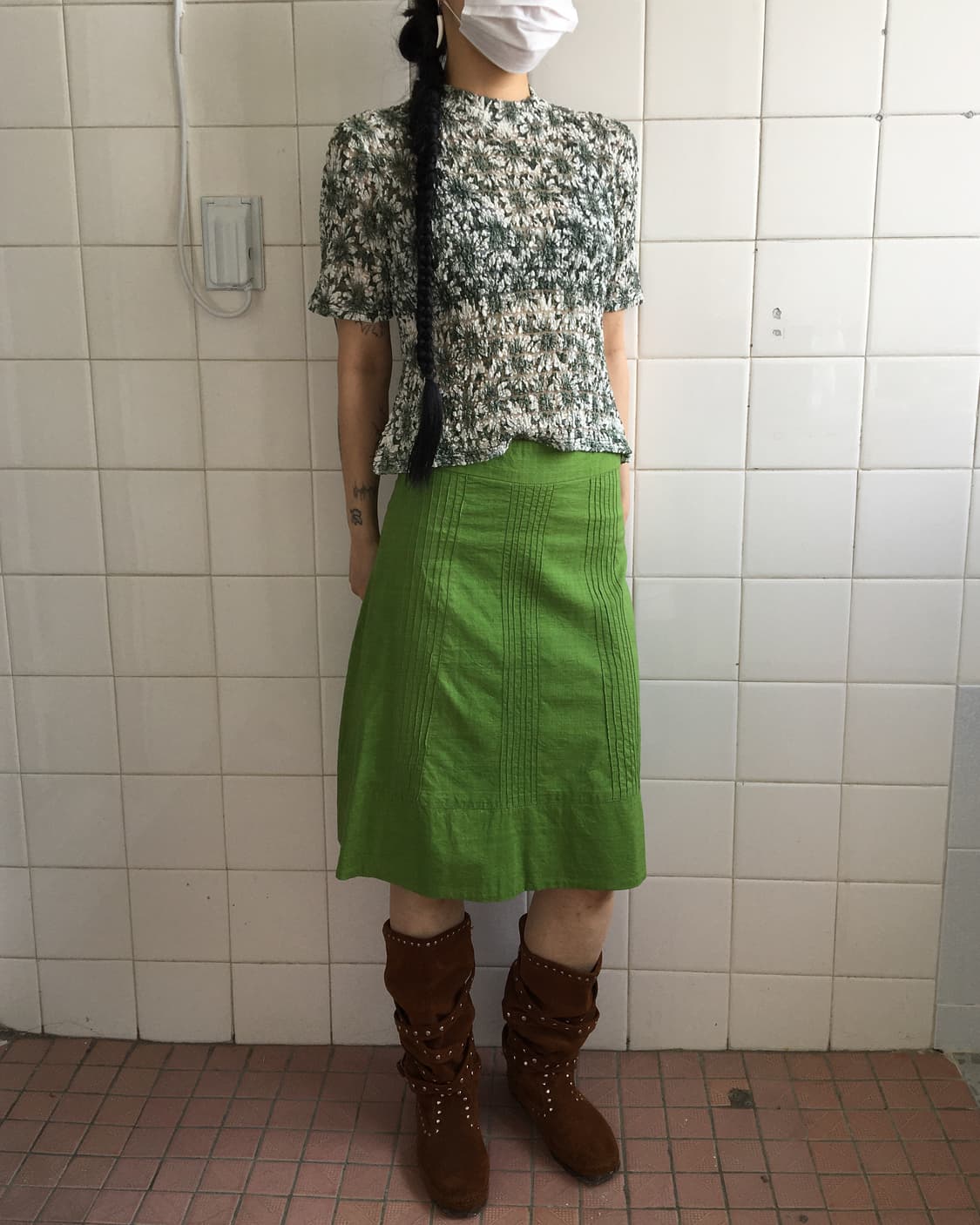 Flower pattern shirring pleats high neck 상품이미지8