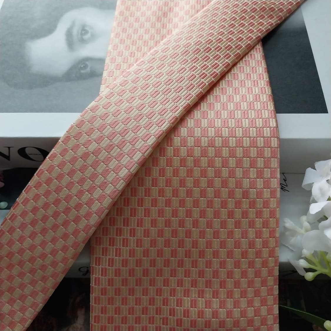 아쿠아스큐텀 실크 핑크살구 패턴 넥타이 9.5cm A+등급 K2097 상품이미지4