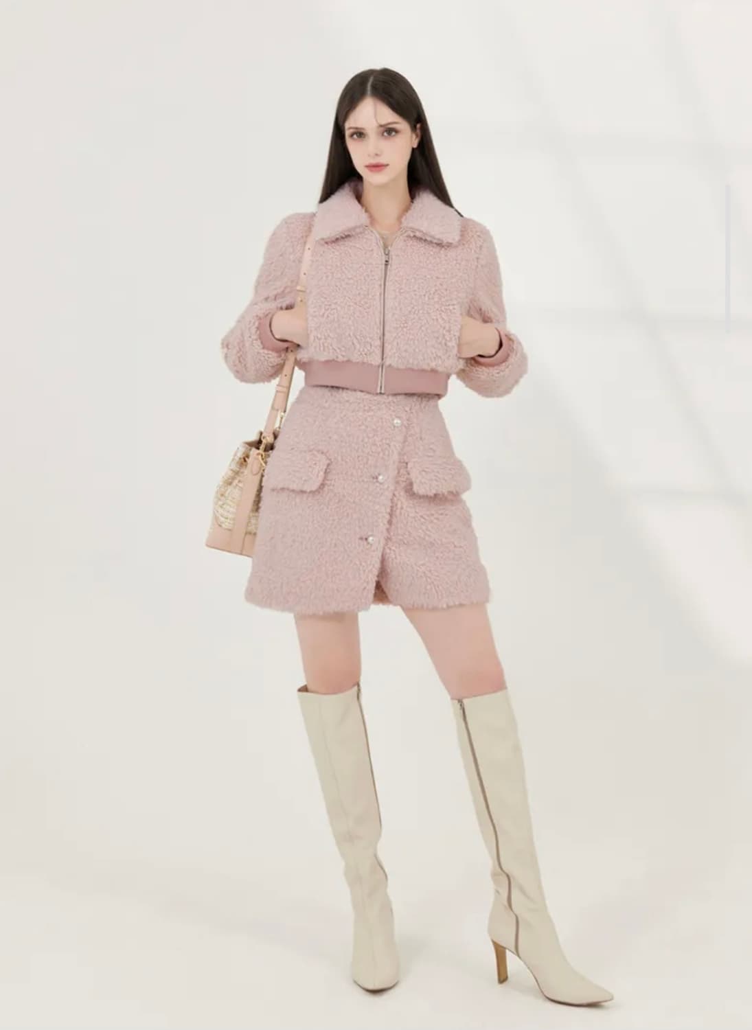 그레이스유 테디 뽀글이 양털 셋업 핑크 상품이미지1