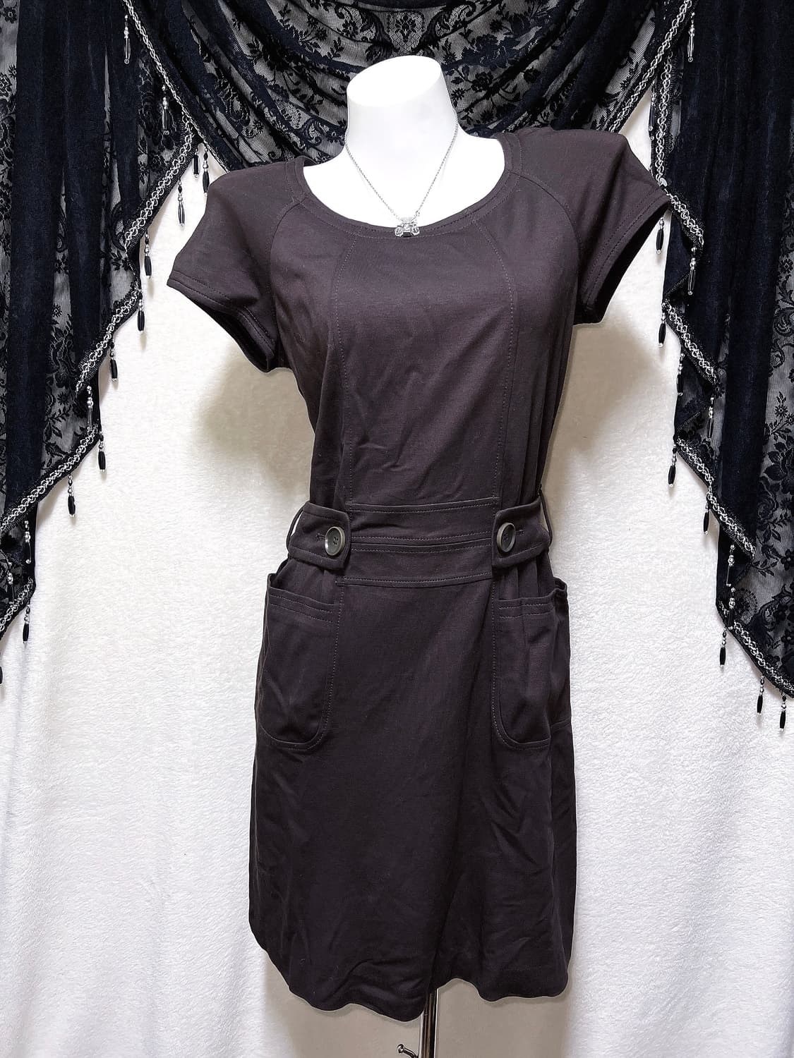 모던 클래식 올드머니 긱시크 브라운 반팔 벨트 원피스 너드 라떼 핀터 상품이미지1