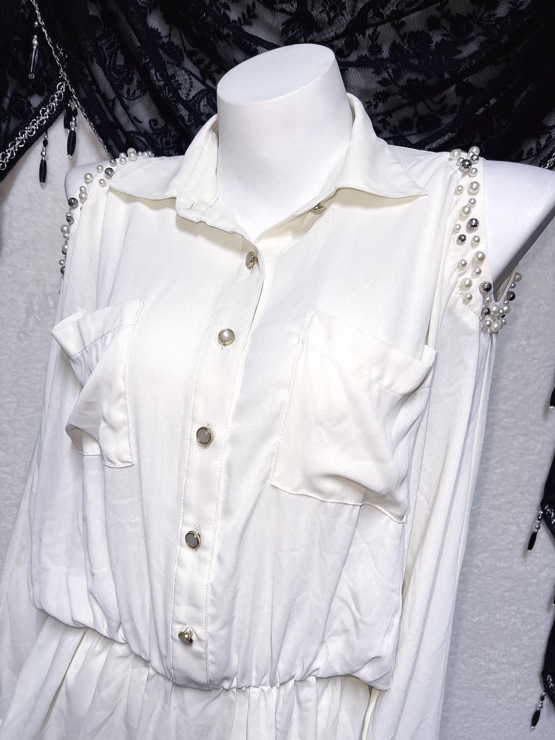 잉그니 진주 숄더트임 쉬폰블라우스 셔츠 튜닉 로맨틱갸루 히메 로걀탑 핀터 상품이미지4