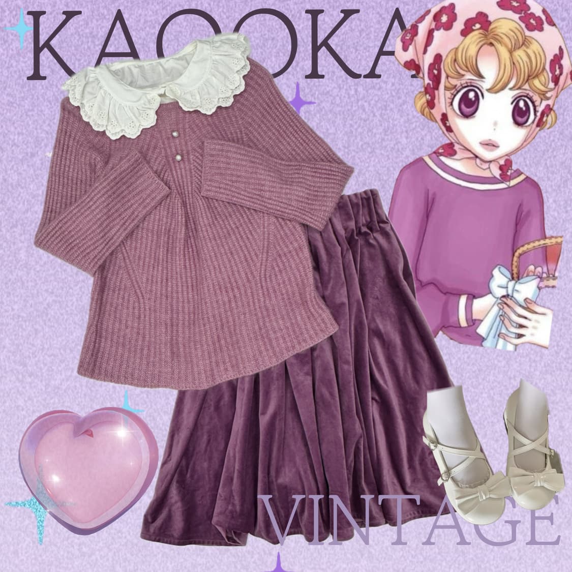 🔮슈슈룬 바닐라  퍼플 코디세트🔮마계 러블리 니트 벨벳 프릴 넥카라 상품이미지1