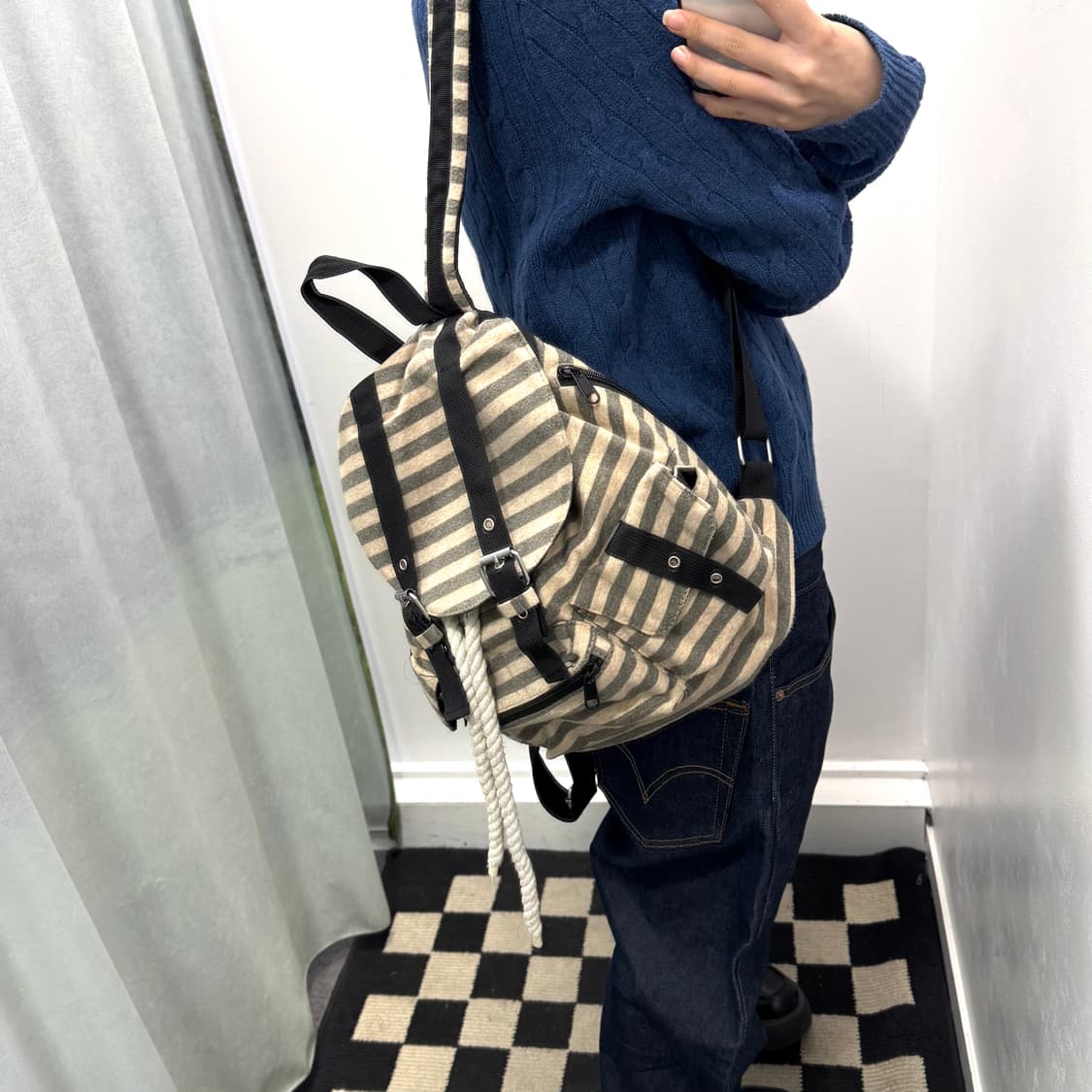 베이지 스트라이프 스트링백팩  상품이미지1