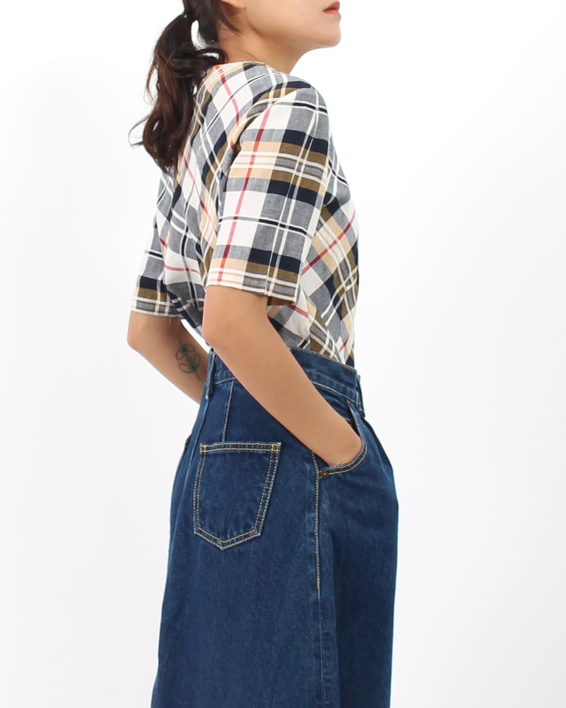 일본 빈티지 체크 인견 골드 버튼 라운드 넥 반팔 블라우스 상품이미지8