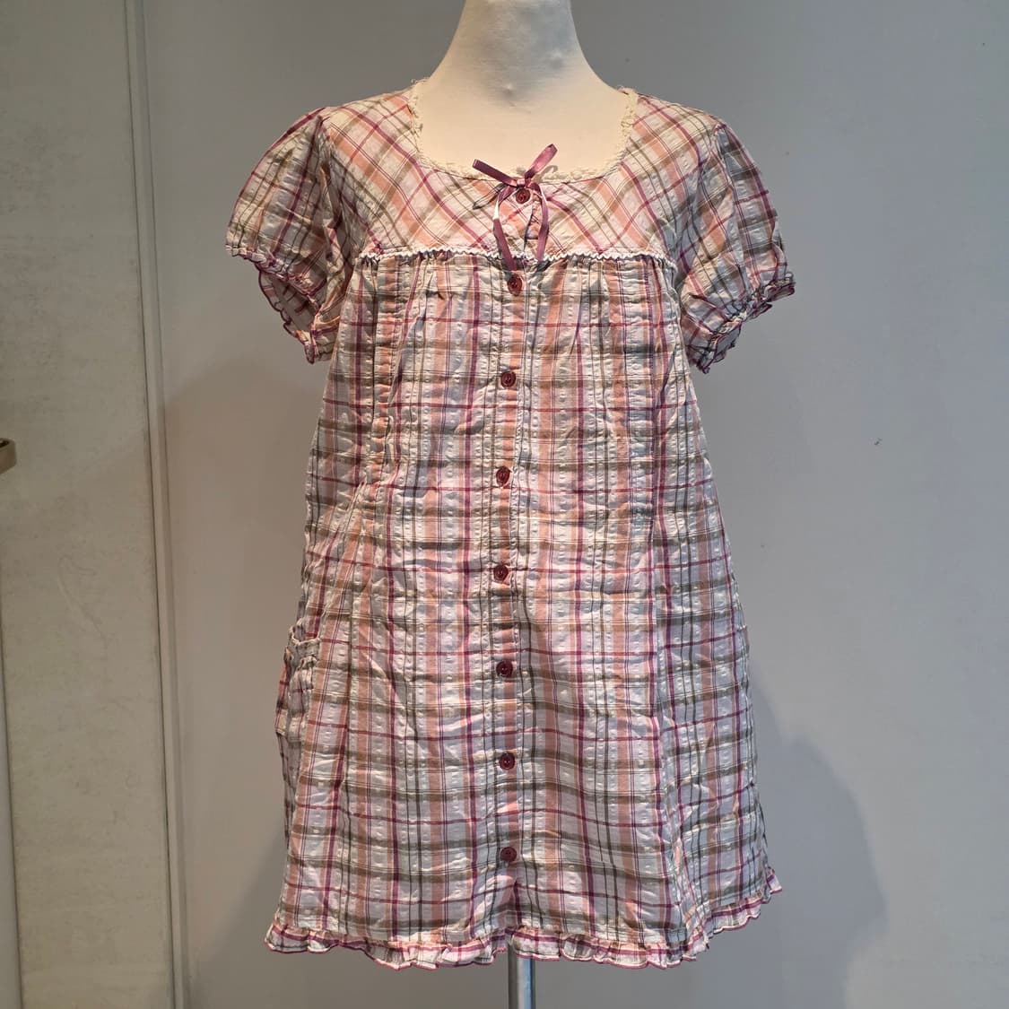 핑크라떼갸루st 체크 레이스리본셔링 레이어드원피스 상품이미지2