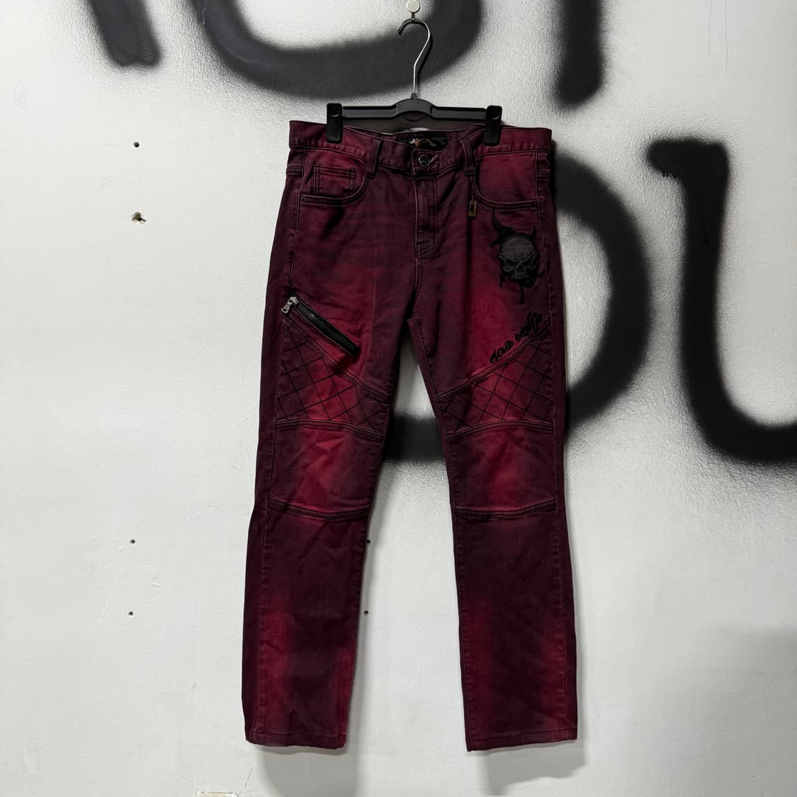 VTG 빈티지 락 , 고스 펑크 멀티 스컬 레더 패치 바이커 데님 팬츠 상품이미지1