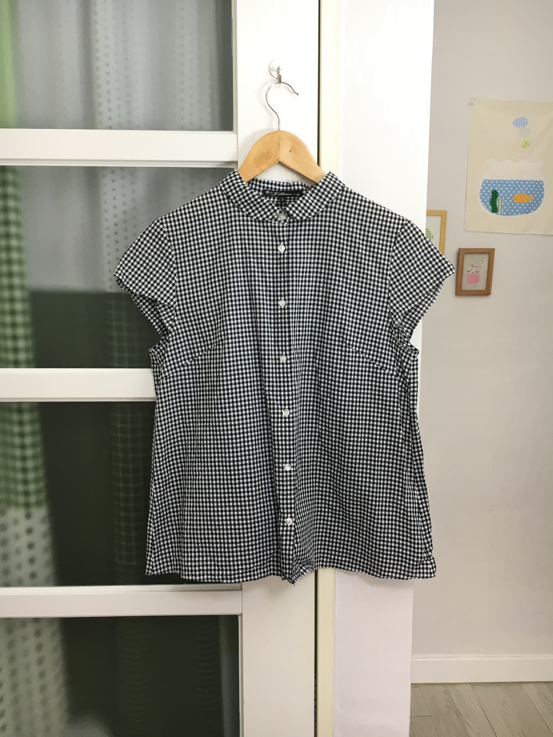 블랙 체크 반소매 블라우스 상품이미지1