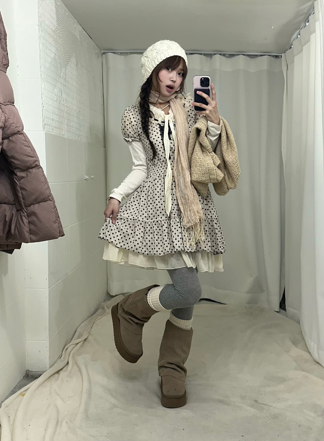 액시즈팜 도트 리본 떡볶이 패딩 모리걸 코디세트 상품이미지3