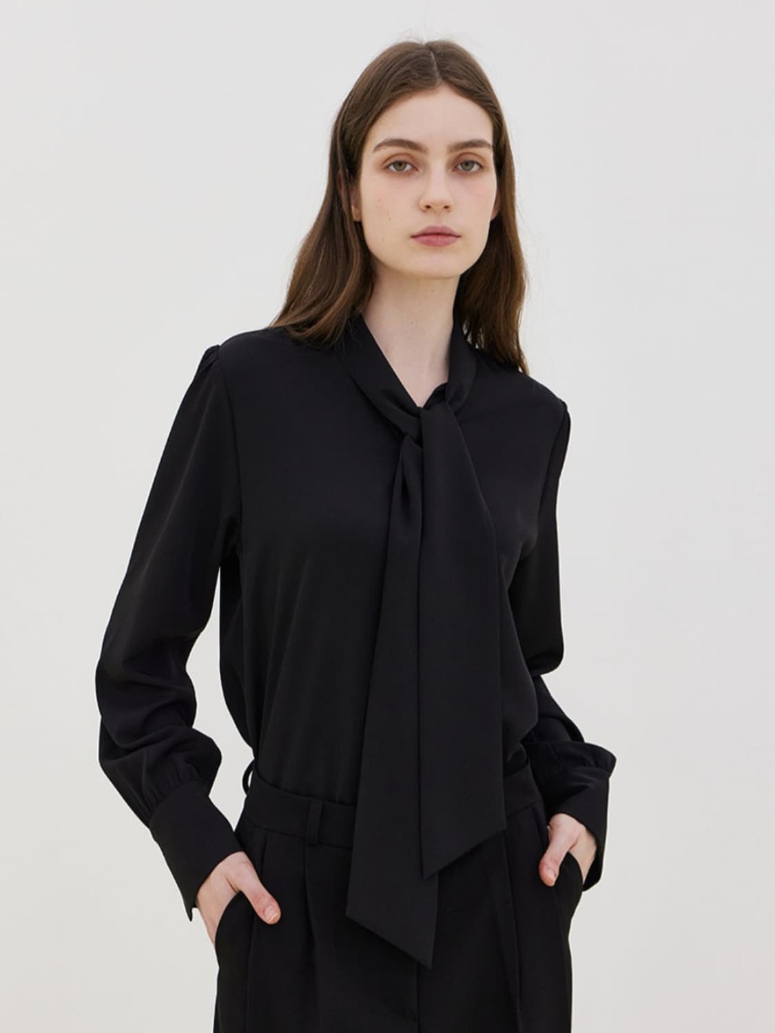 (새상품)르세지엠 타이 블라우스 셔츠 S 블랙 상품이미지1