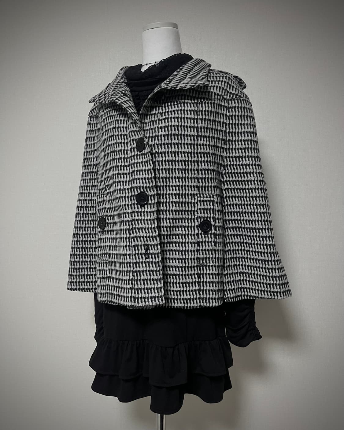 체크 울 혼방 케이프 코트 모리걸 갸루 상품이미지1