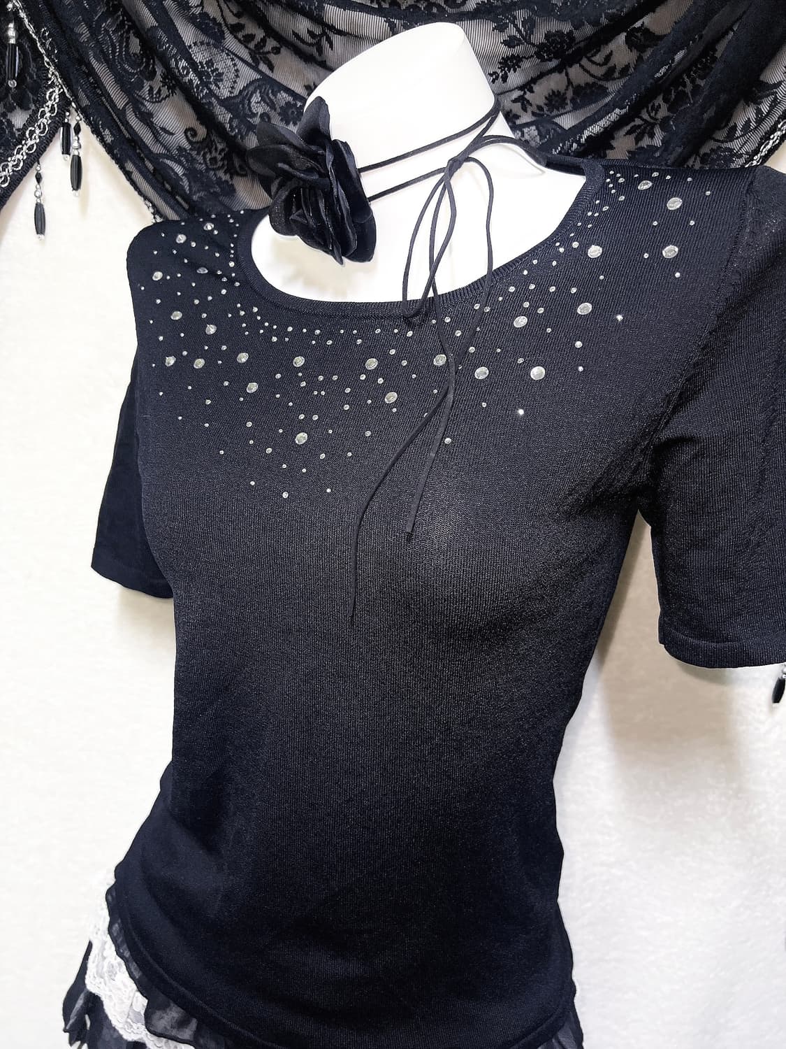 로맨틱고딕 오네갸루 블랙 큐빅 반팔 로걀탑 핀터 다크페어리 공겜 오리엔탈 상품이미지7