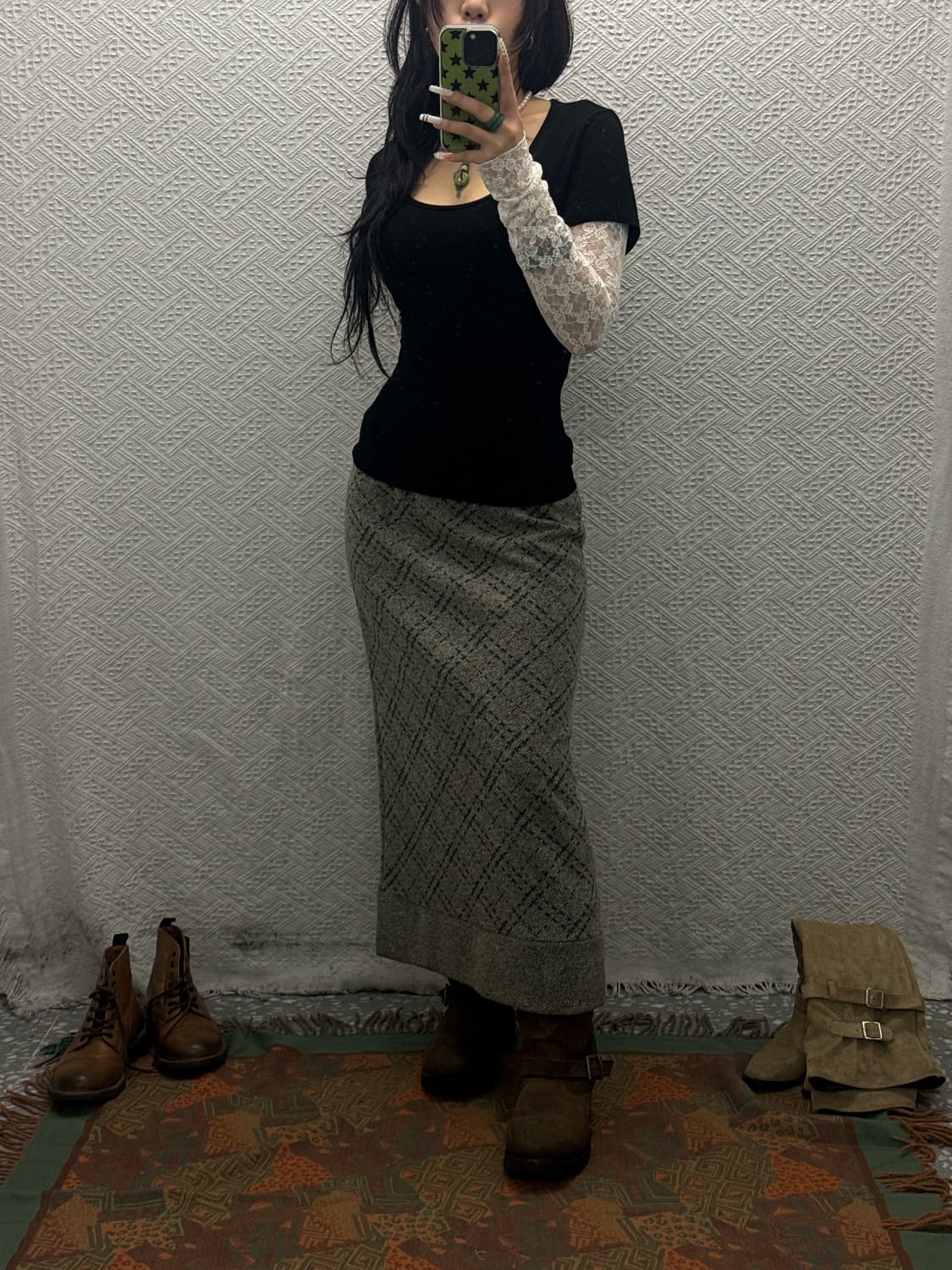 빈티지 캐주얼 모직 스티치 헤링본 트임 롱스커트 K0090 상품이미지2