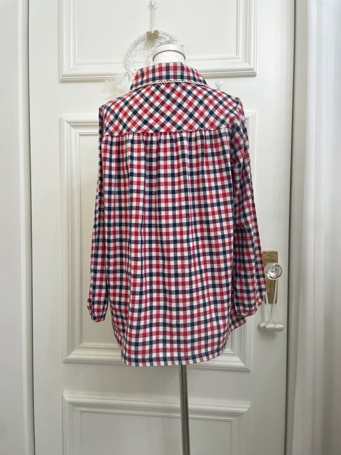 red navy check mori shirring loose shirt 상품이미지3