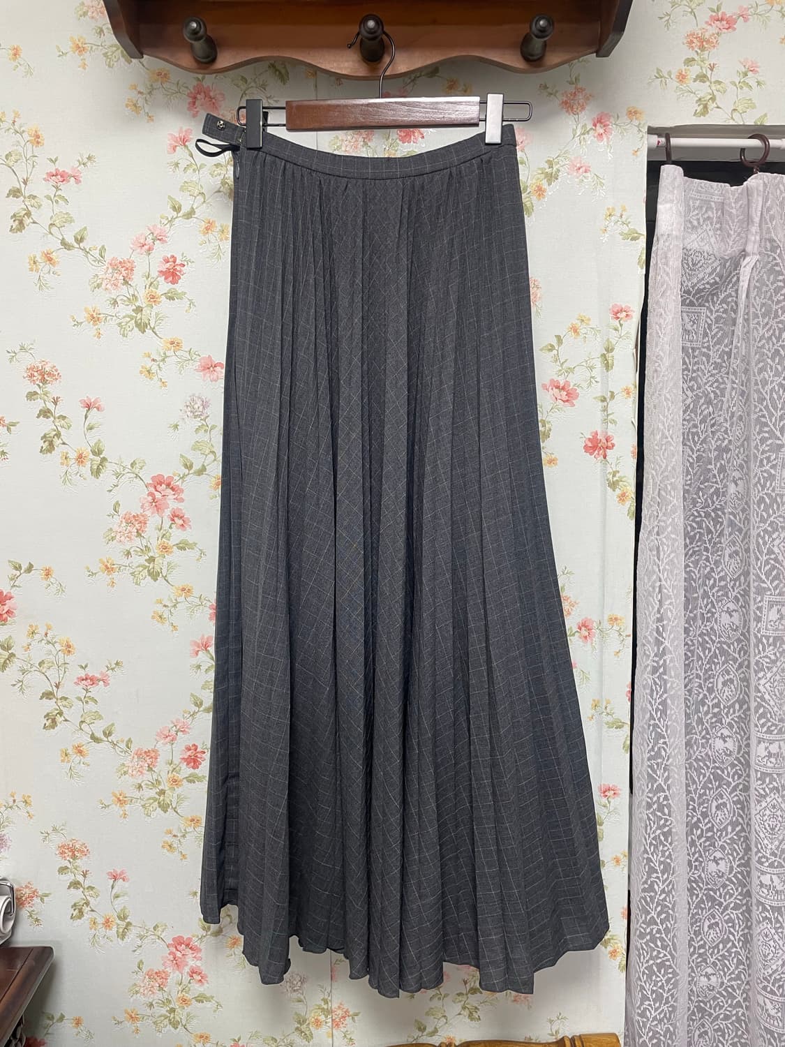 빈티지 그레이 체크 플리츠 롱스커트 상품이미지2