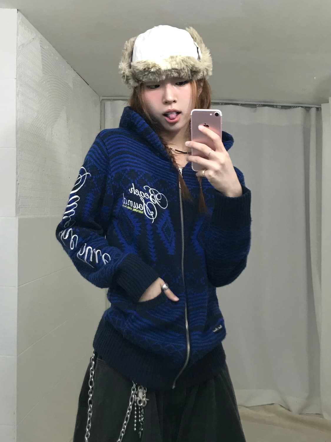 빈티지 블루 노르딕 자수 니트 후드집업 상품이미지2