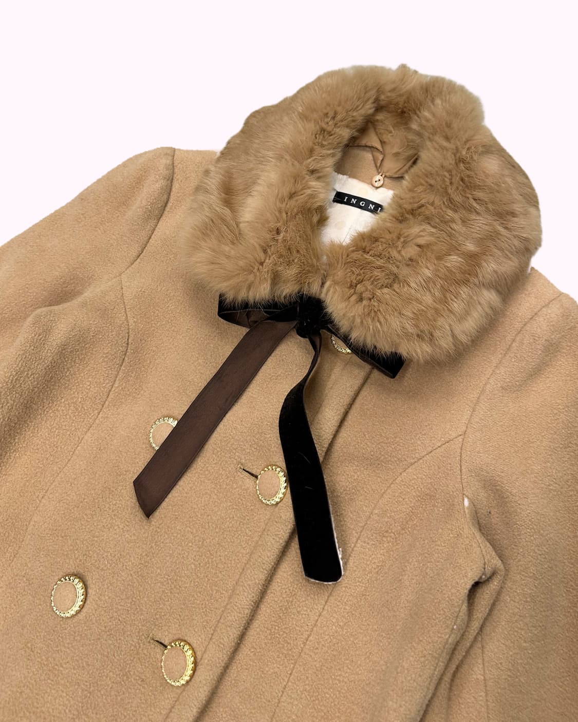 fur collar ribbon beige coat 상품이미지2