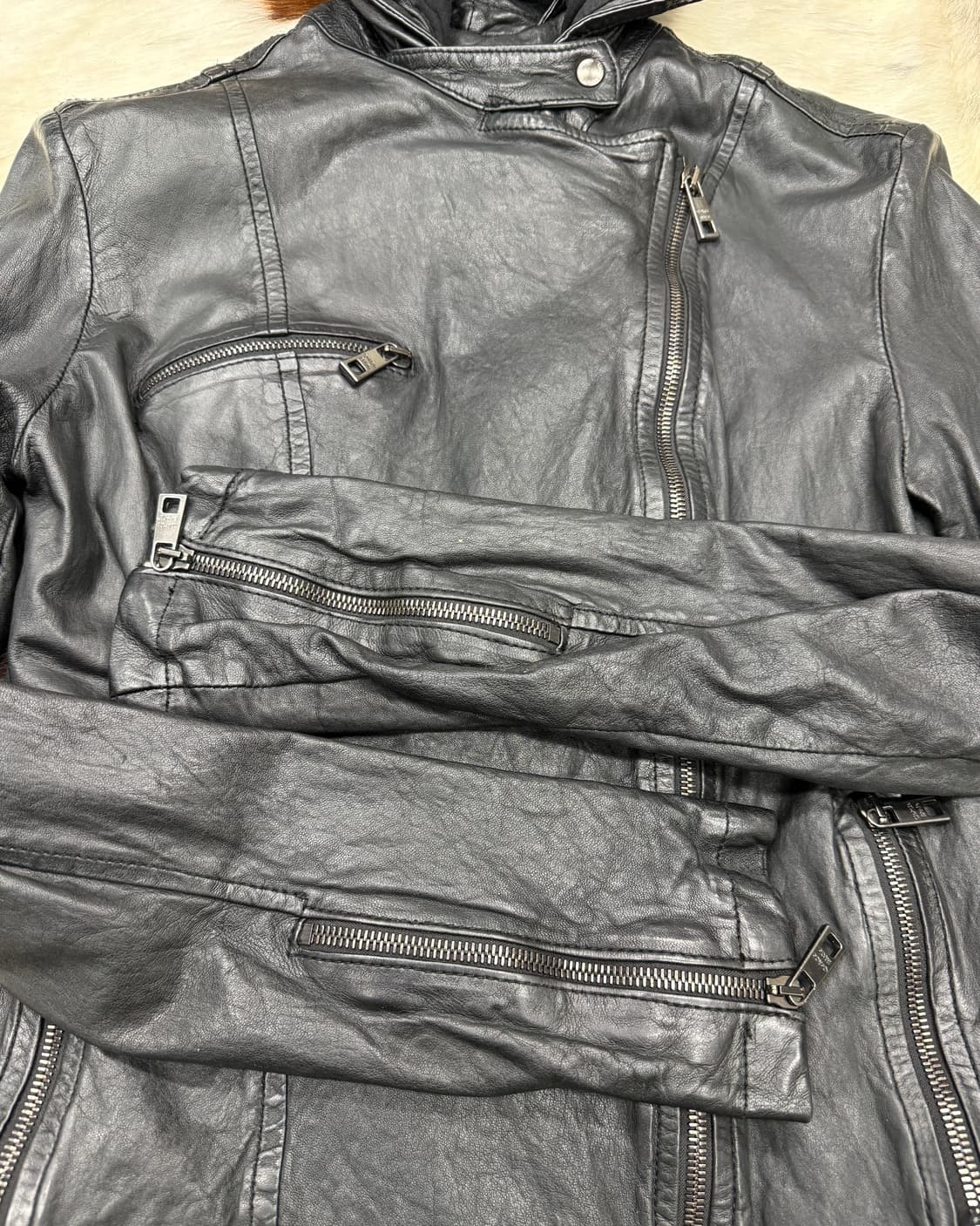 조르지오 브라토 램레더 후드 사선 바이커 자켓 상품이미지6