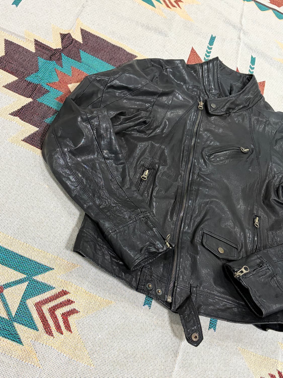 Glossy sheep skin biker leather jacket 상품이미지4