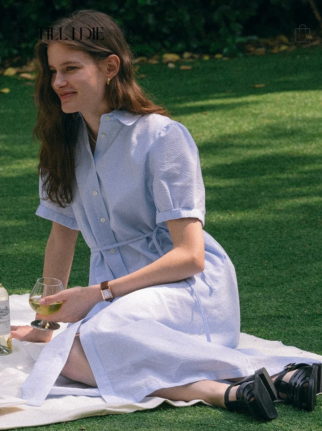 택달린새상품) 틸아이다이 스트라이프 시어서커 원피스 블루 하늘색 스트링  상품이미지1