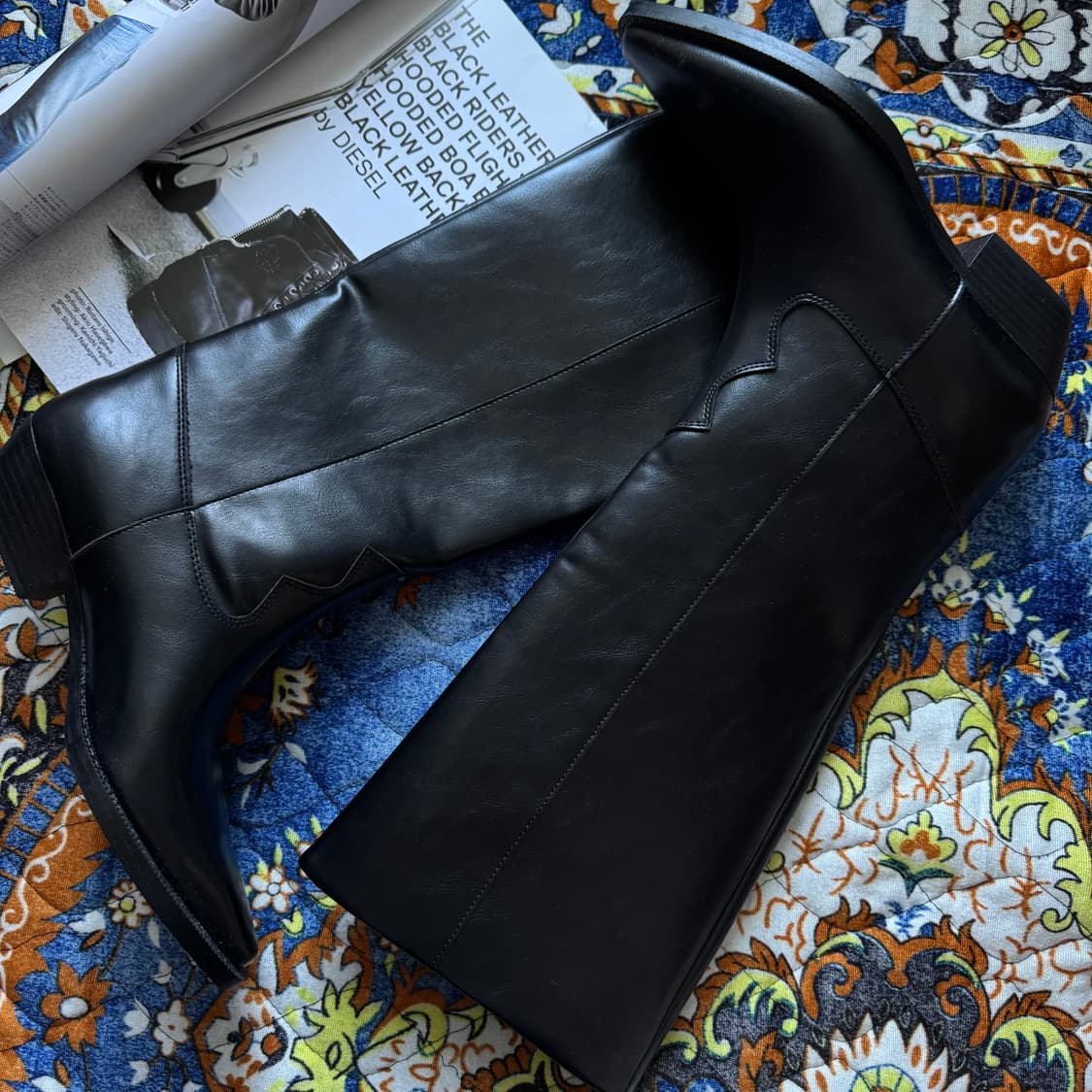 Zara 자라 블랙 포인티드 토 롱 카우보이 플랫 웨스턴 부츠 상품이미지2